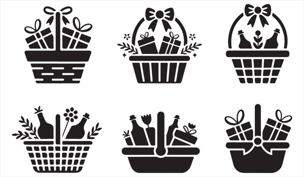 Decorative gift basket vector set filled with presents, flowers, and festive items