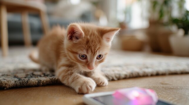 Curious kitten plays with colorful light on smartphone screen in cozy living room setting - Powered by Adobe