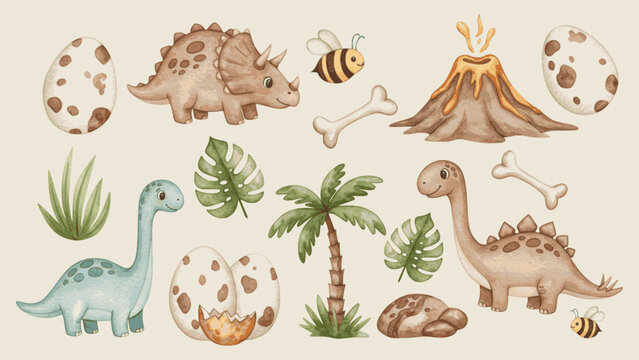 A charming watercolor collection of cute baby dinosaurs, eggs, a volcano, and prehistoric plants isolated on a light background.