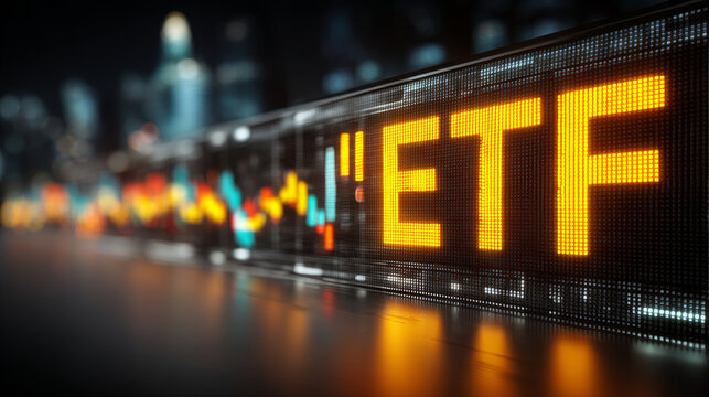 Bright digital display showing glowing yellow ETF text with financial data in background