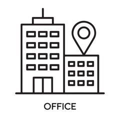 Office building line icon with location pin simple vector illustration for business address and navigation isolated on white background