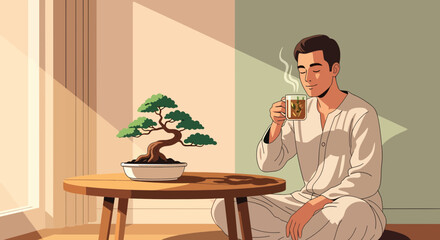 Mindful Morning Ritual Man Enjoys Herbal Tea and Contemplates Bonsai