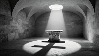 A stone altar illuminated by a divine light beam casting a cross shadow on the floor. Religious concept of faith, hope, and sacrifice in an ancient chamber