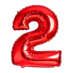 A shiny, red numeral two balloon floats against a clean white backdrop