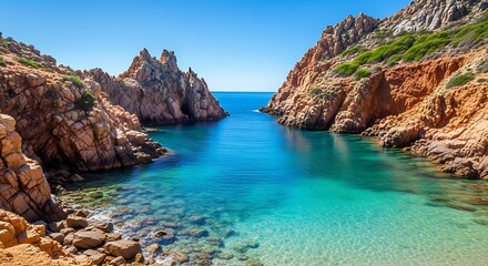 Stunning coastal landscape with turquoise water and rocky cliffs under blue sky.