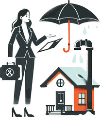 Woman with briefcase under umbrella protecting house from rain