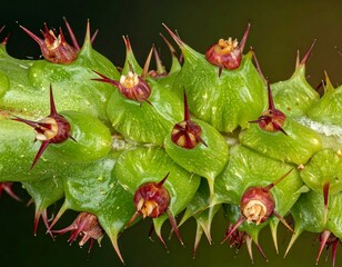 Close-up of a Thorny Vine with Sharp Spikes and Red Buds.
