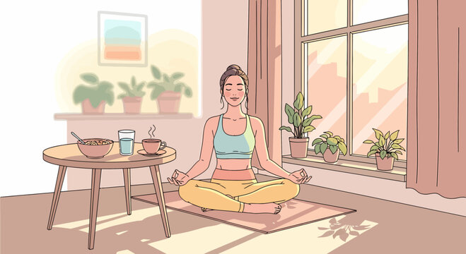 Serene Morning: Woman Practicing Yoga With Breakfast By The Window