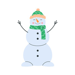 Cute winter snowman holding a wrapped christmas gift. Friendly pastel character in warm hat and mittens with soft clean shapes and joyful festive mood. Charming seasonal design for kids projects