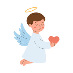 Christmas angel holding red heart. Cute heavenly child with wings and halo in pastel scandinavian tones. Gentle winter symbol of love, kindness and peace for cozy festive cards, prints and decor.