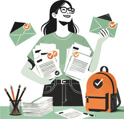 Woman with papers envelopes and backpack on desk glasses