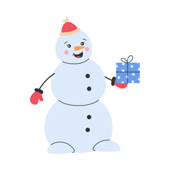Cute snowman in red mittens holding a blue star gift box. Cheerful winter holiday character for Christmas designs