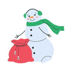 Cute snowman with green scarf and earmuffs sitting beside a red gift bag. Charming winter holiday character for Christmas designs