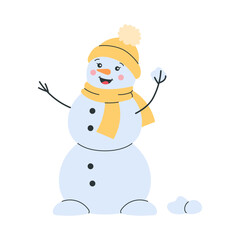 Cute snowman in yellow winter hat and scarf holding a snowball. Cheerful seasonal character for Christmas and New Year designs