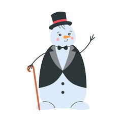 Elegant winter snowman in classic suit and top hat. Charming gentleman character with a walking cane, soft pastel colors and clean minimal shapes. Festive holiday mood for greeting cards