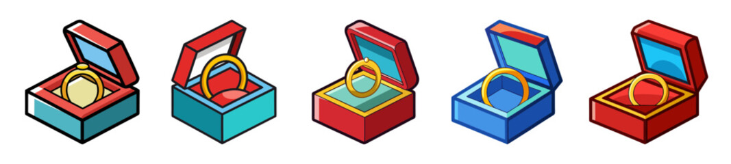 Collection of open ring boxes with different gemstone colors