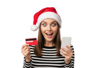 Excited woman wearing a santa hat holding a credit card and smartphone, isolated on transparent background