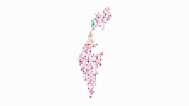 Israel map animation. Shape of the country with pulsating colored dots. Small size square blocks. Digital style Israel map on white background. Vibrant video.