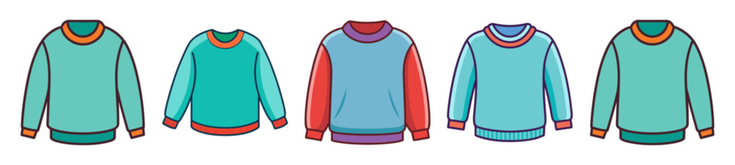 Soft teal sweaters collection with red accents and hoods