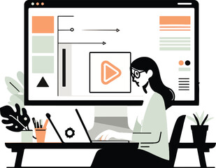 Woman working on laptop with large monitor displaying video player