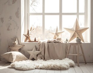 Cozy Christmas Window Display with Star Decorations and Soft Textiles.