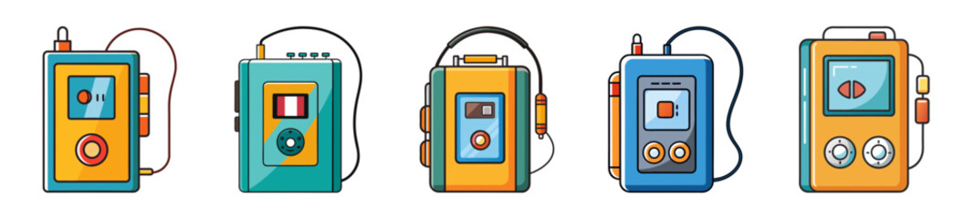 Retro portable music players with headphones collection