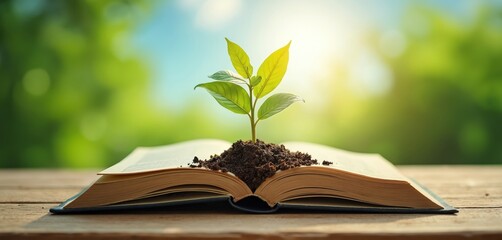 Green seedling sprouts from dirt pile on open book. Wooden table surface, blurred green background with bright sunlight. Concept represents new life growth knowledge education and inspiration.