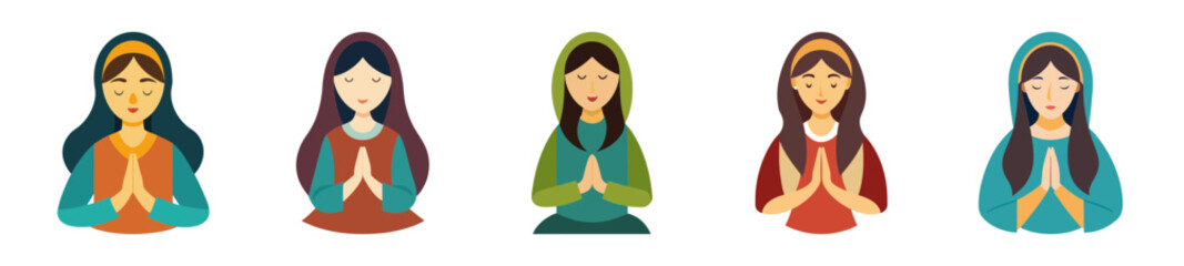 Peaceful women praying together spiritual unity diverse backgrounds abstract