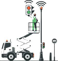 Worker in lift adjusts traffic signal near truck maintenance