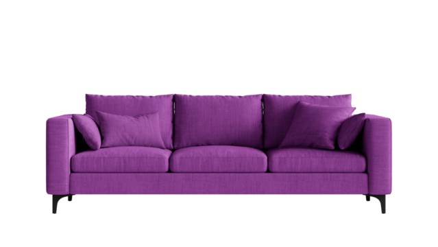 Front view of a sofa with pillows on a transparent background. Furniture for the modern interior, web design, and presentation.