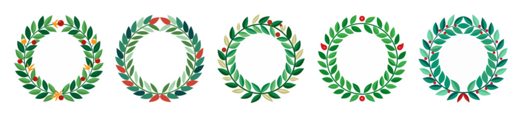 Five green leafy wreaths in a row simple art design