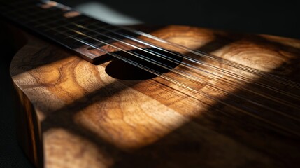Obraz premium Wooden ukulele rests in soft sunlight, showcasing detailed grain and strings gently illuminated
