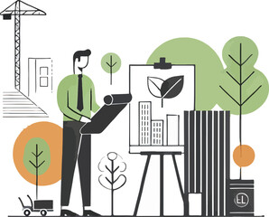 Architect reviewing building plans with construction crane and trees