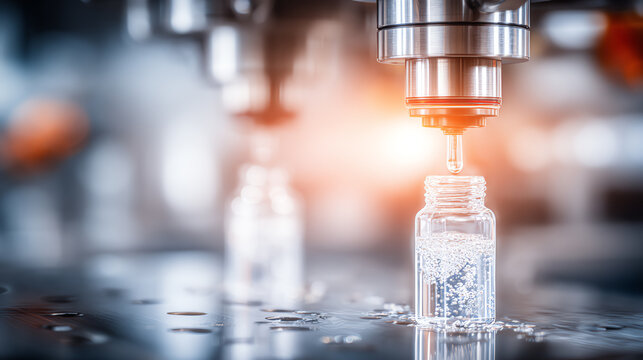 A close-up of a modern manufacturing process featuring a bottle filling machine in action, showcasing precision and technology.