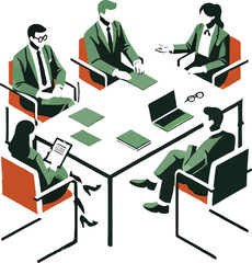 Business meeting with five people around a table chairs