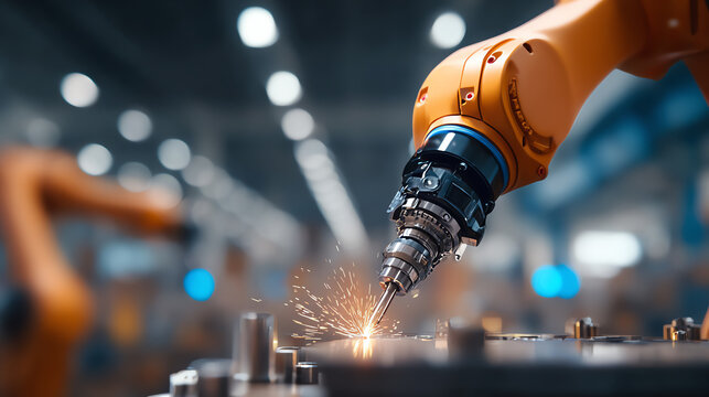 A close-up of an industrial robotic arm performing precise welding in a modern manufacturing facility, showcasing advanced technology.