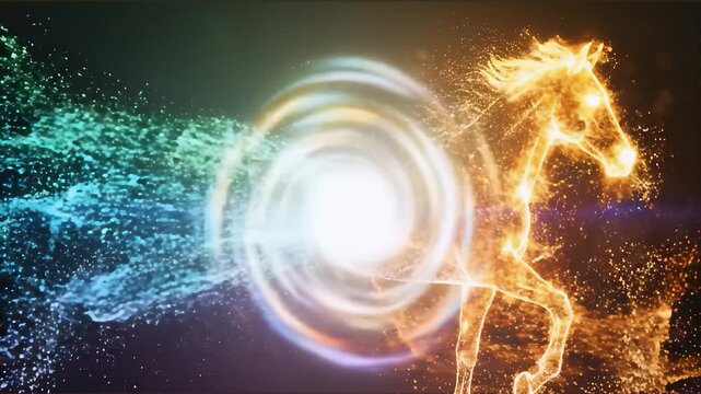 Abstract particle animation of 2025 Snake zodiac transforming into 2026 Horse, symbolizing Chinese New Year transition and cosmic energy.