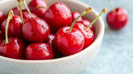 A close-up of fresh, vibrant cherries in a bowl, showcasing their glossy red skin and juicy, ripe appearance.
