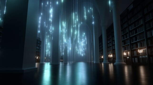 Enchanting library with glowing lights in a serene, mystical atmosphere