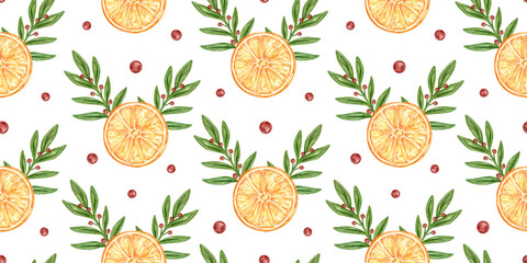 Seamless holiday pattern with oranges, red berries, green twigs. Plants and fruits in the shape of a Christmas deer. Watercolor Christmas design for wrapping paper, packaging, textiles, seasonal decor