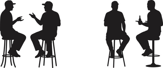 Silhouetted figures, bar stool conversation, casual interaction, animated gestures, black silhouettes, social scene, relaxed posture, minimal design, people talking