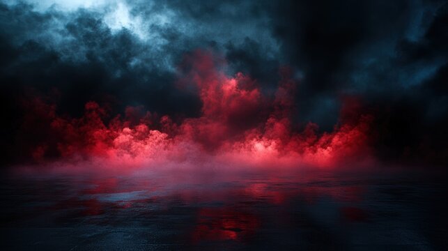 A dramatic scene featuring dark clouds and red mist reflecting on a still surface, evoking a mysterious and atmospheric mood.