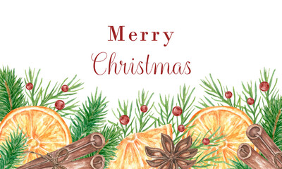 Watercolor Christmas horizontal banner. Winter border of fir branches, with slices of orange, berries, cinnamon, and anise. Hand-drawn illustration. Perfect for banners, postcard templates