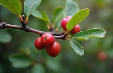 Close up of red Chickasaw plums on tree branch. Ripe fruits, leaves, branch details. Nature scene shows fresh spring harvest against natural blurred background. Bokeh effect adds depth. Edible food.