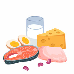 Vector illustration of protein-rich foods including salmon fish, chicken breast, boiled eggs, cheese, red beans, and a glass of milk. This flat design is perfect for nutrition projects