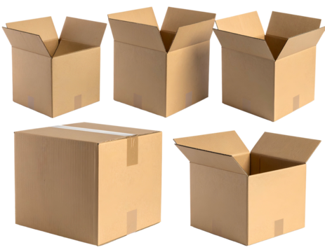 Five open and closed cardboard boxes on white