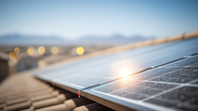 A close-up view of solar panels on a rooftop, showcasing sustainable energy solutions in modern architecture.