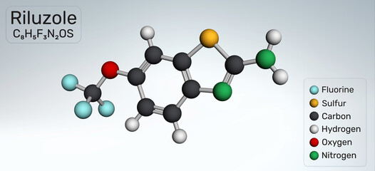 Riluzole benzothiazole neuroprotective drug molecule.Molecular model. 3D rendering. Illustration