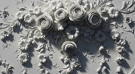 White Floral Relief Sculpture with Roses and Leaves image photo