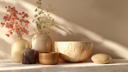 Aesthetic arrangement of ceramic vases and bowls with dried flowers on marble surface, casting soft shadows